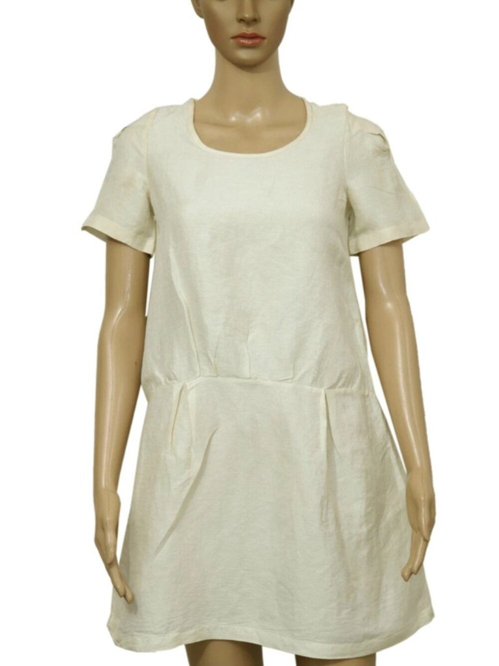 IRO Pleated Short Sleeve Cotton Casual Ivory Tunic Dress S 1